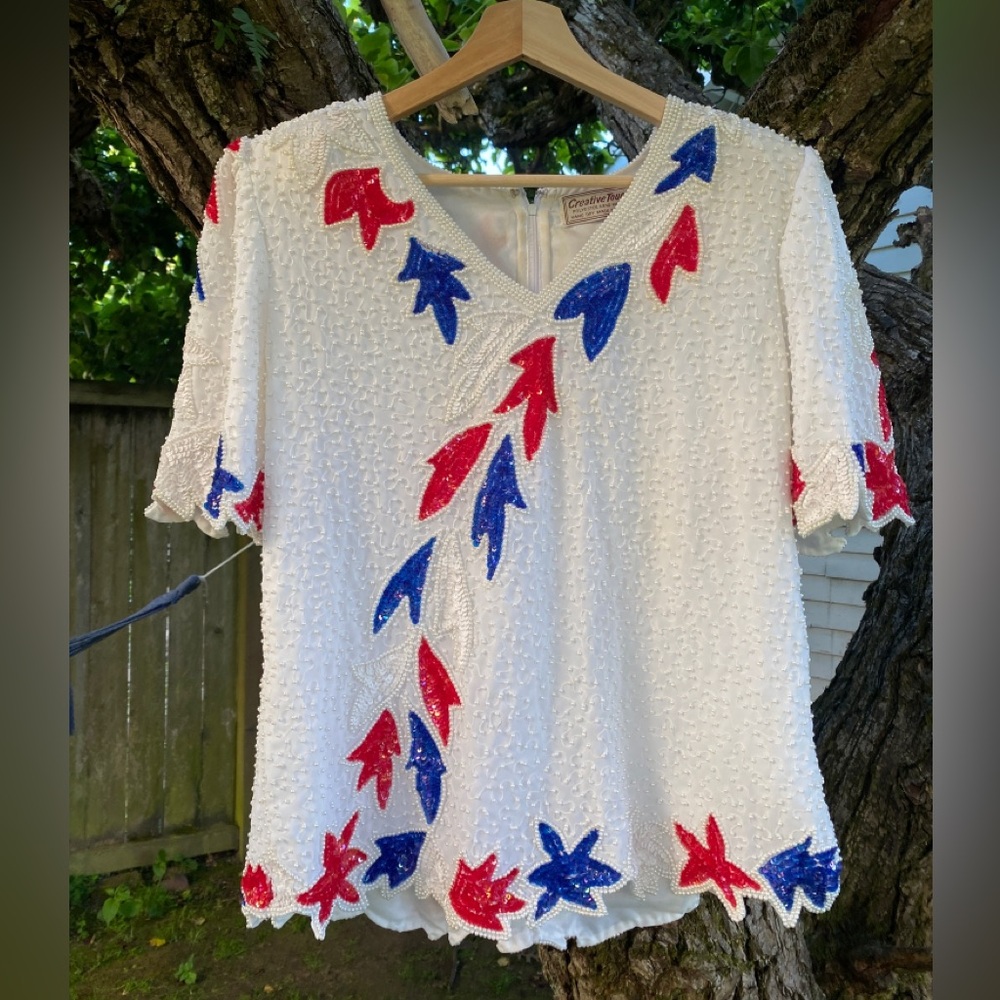 Rare Vintage Beaded Sequin Red, White & Blue Blouse Padded Shoulder for July 4th
